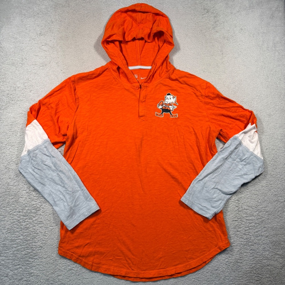 Nike Cleveland Browns Hoodie Henley Shirt Mens M Orange Brownie Elf Long Sleeve
